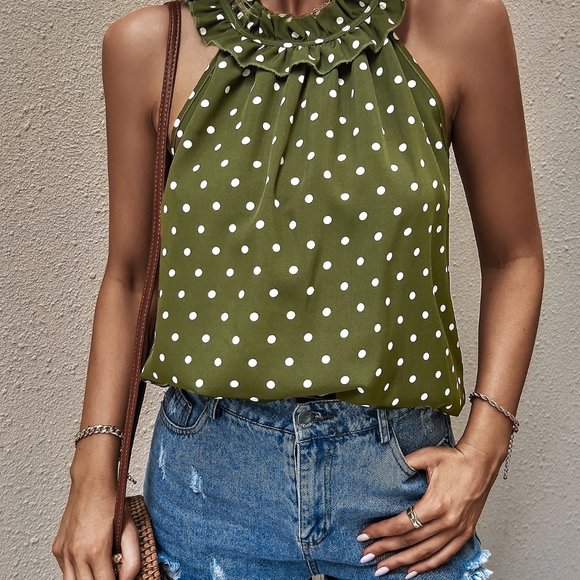 New Polka Dot Print Frill Trim Blouse Green - Picture 4 of 6